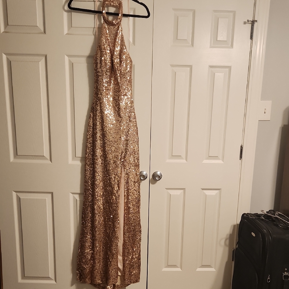 Worn Once!Elegant Gold Sequin Evening Gown